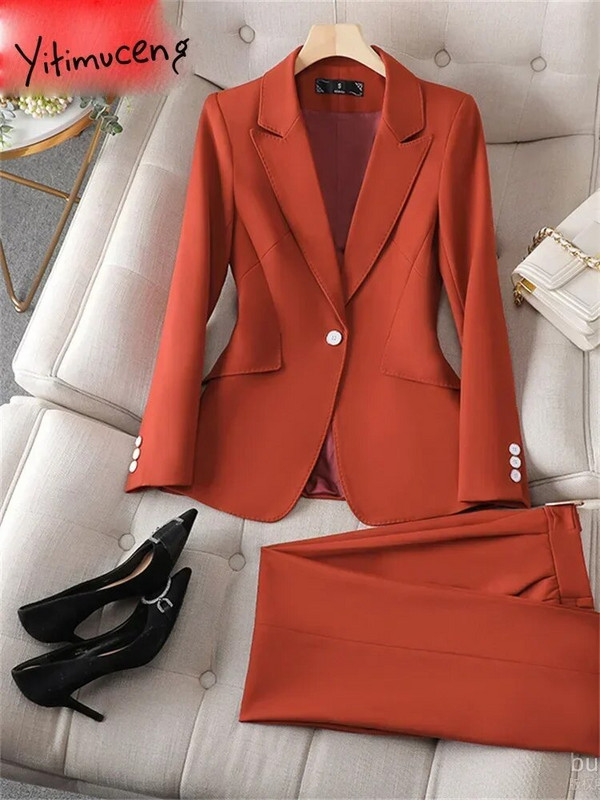 Yitimuceng biuro moteriški dviejų dalių komplektai Moteriški kostiumai 2023 m. Nauji vieno mygtuko atlenkiami apykaklės švarkai Laisvi laisvalaikio kelnių kostiumai