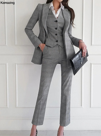 Нова мода за офис дама 3 части Блейзър Костюм Дамски бизнес официални тоалети Реколта якета с ревери с копчета Комплект панталони