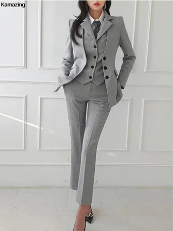 Нова мода за офис дама 3 части Блейзър Костюм Дамски бизнес официални тоалети Реколта якета с ревери с копчета Комплект панталони