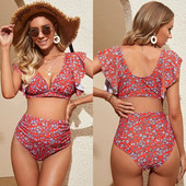 Komplet bikinija za trudnice, crveni kupaći kostim s cvjetnim printom, kupaći kostim za trudnice s volanima, duboki V izrez, kupaći kostim s mikro bikinijem za trudnice
