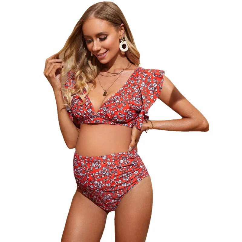 Komplet bikinija za trudnice, crveni kupaći kostim s cvjetnim printom, kupaći kostim za trudnice s volanima, duboki V izrez, kupaći kostim s mikro bikinijem za trudnice