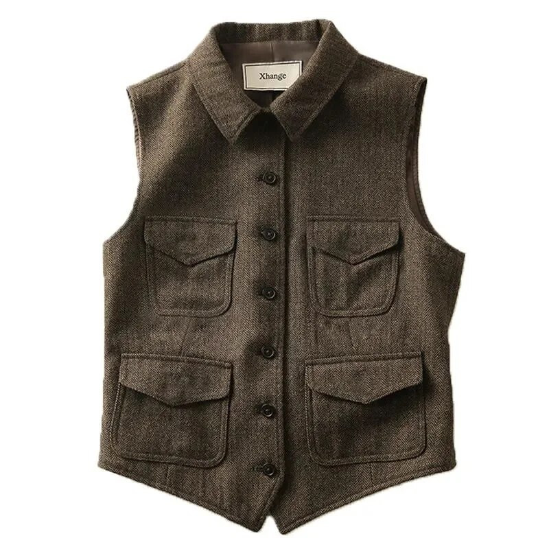 2023 Кафяви къси вълнени якета с жилетка Дамски пролетни есенни едноредни джобни жилетки Връхни дрехи без ръкави Ежедневни топове