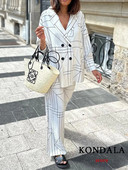 KONDALA Vintage odijela s geometrijskim printom Ženska moda za jesen 2023. Preveliki sako s V izrezom + elegantni kompleti širokih hlača visokog struka