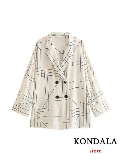KONDALA Vintage odijela s geometrijskim printom Ženska moda za jesen 2023. Preveliki sako s V izrezom + elegantni kompleti širokih hlača visokog struka