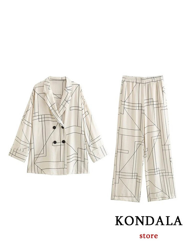 KONDALA Vintage odijela s geometrijskim printom Ženska moda za jesen 2023. Preveliki sako s V izrezom + elegantni kompleti širokih hlača visokog struka