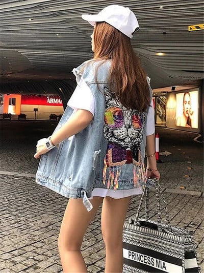 Traper prsluk Jakna Natrag Mačka Proljeće Ljeto 2023. Ženski kardigan u korejskom stilu Vrpca s labavim rupama Prsluk Modni jeans Gilet kaput
