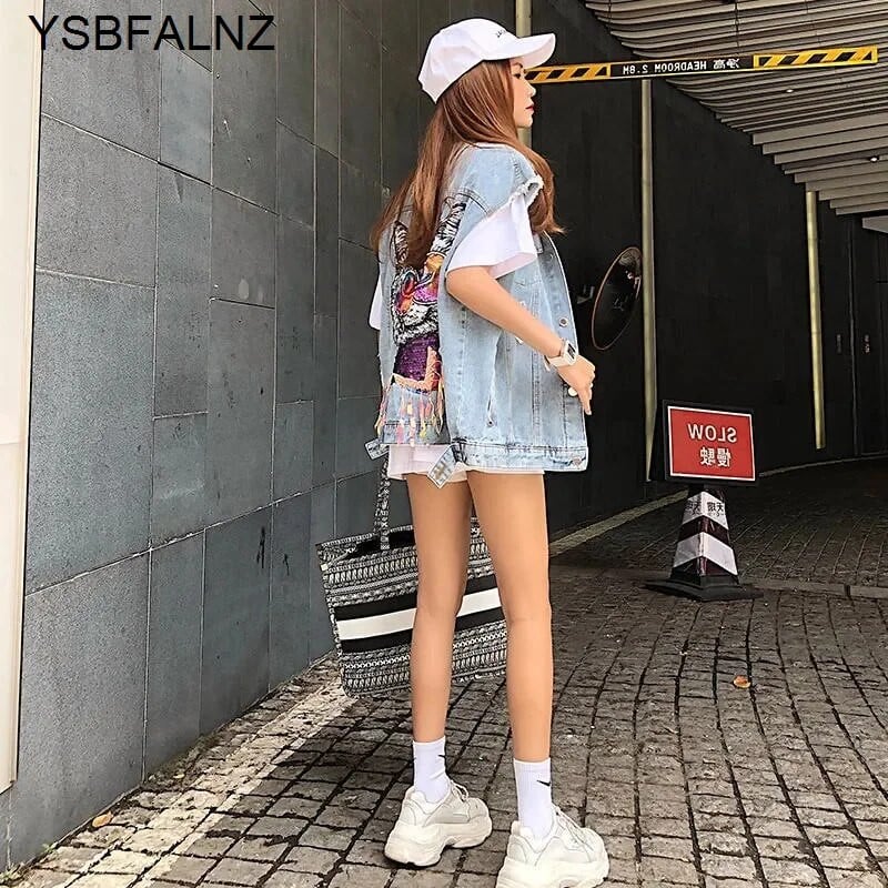 Traper prsluk Jakna Natrag Mačka Proljeće Ljeto 2023. Ženski kardigan u korejskom stilu Vrpca s labavim rupama Prsluk Modni jeans Gilet kaput