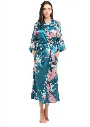 Дамски халати от кимоно от копринен сатен Дълги спални дрехи Пеньоар с щампа на цветен паун и парти Сватбен халат за шаферка