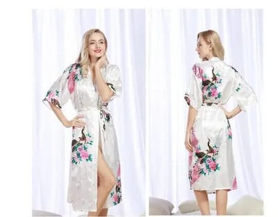 Дамски халати от кимоно от копринен сатен Дълги спални дрехи Пеньоар с щампа на цветен паун и парти Сватбен халат за шаферка