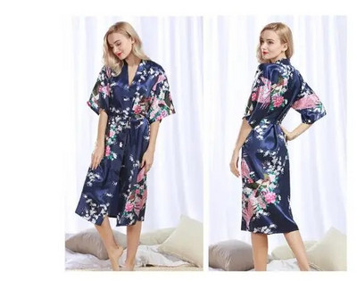 Дамски халати от кимоно от копринен сатен Дълги спални дрехи Пеньоар с щампа на цветен паун и парти Сватбен халат за шаферка