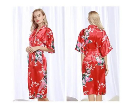 Дамски халати от кимоно от копринен сатен Дълги спални дрехи Пеньоар с щампа на цветен паун и парти Сватбен халат за шаферка