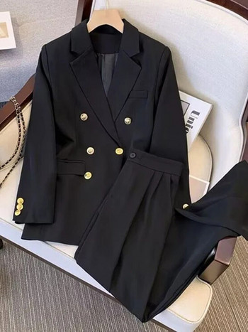 Σετ κοστούμια με διπλό στήθος γραφείου Χακί Γυναικεία Κορεάτικα νέα μακρυμάνικα σακάκια μπλέιζερ Conjunto Ol ψηλόμεσο ίσιο παντελόνι
