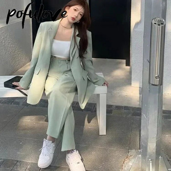 Костюми Офис комплекти Дамски едноцветни свободни корейски елегантни бизнес облекла Официален костюм Блейзър и широки панталони Комплект от две части