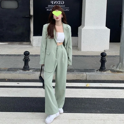 Öltönyök Irodai szettek Női egyszínű, bő koreai elegáns üzleti viselet formális öltöny blézer és széles szárú nadrág kétrészes szett