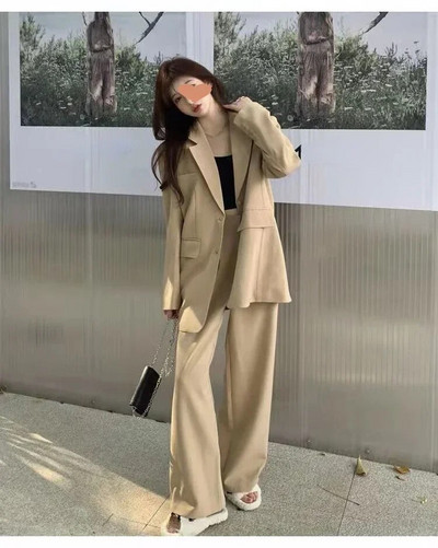 Öltönyök Irodai szettek Női egyszínű, bő koreai elegáns üzleti viselet formális öltöny blézer és széles szárú nadrág kétrészes szett