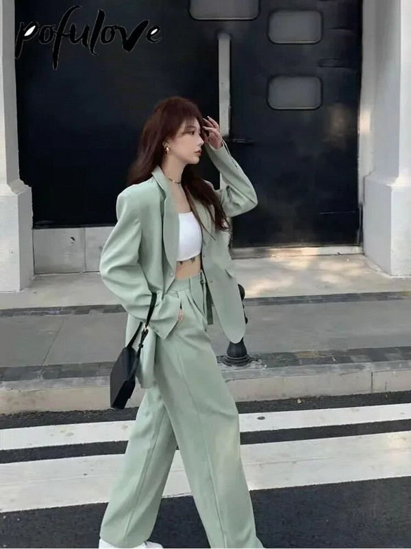 Öltönyök Irodai szettek Női egyszínű, bő koreai elegáns üzleti viselet formális öltöny blézer és széles szárú nadrág kétrészes szett