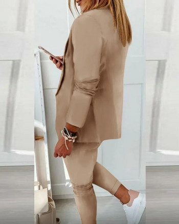 Дамски костюм Комплекти сако + панталон от 2 части Есен 2022 г. Нова мода Ежедневна отложна яка Комплект блейзър с дълъг ръкав Офис дама