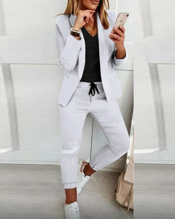 Дамски костюм Комплекти сако + панталон от 2 части Есен 2022 г. Нова мода Ежедневна отложна яка Комплект блейзър с дълъг ръкав Офис дама