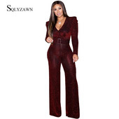 Moteriškas V kaklo ilgomis rankovėmis „Palazzo“ kombinezonas Vintage Blizgučiais plačių kelnių šliaužtinukai su diržu Seksualūs elegantiški raudoni didelio dydžio kombinezonai