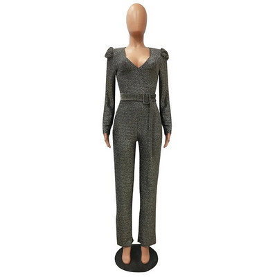 Moteriškas V kaklo ilgomis rankovėmis „Palazzo“ kombinezonas Vintage Blizgučiais plačių kelnių šliaužtinukai su diržu Seksualūs elegantiški raudoni didelio dydžio kombinezonai