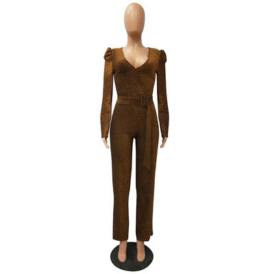 Moteriškas V kaklo ilgomis rankovėmis „Palazzo“ kombinezonas Vintage Blizgučiais plačių kelnių šliaužtinukai su diržu Seksualūs elegantiški raudoni didelio dydžio kombinezonai