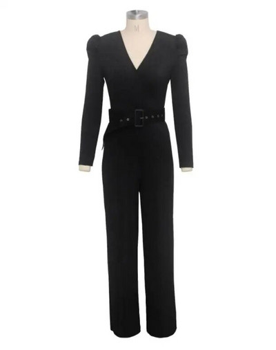 Moteriškas V kaklo ilgomis rankovėmis „Palazzo“ kombinezonas Vintage Blizgučiais plačių kelnių šliaužtinukai su diržu Seksualūs elegantiški raudoni didelio dydžio kombinezonai