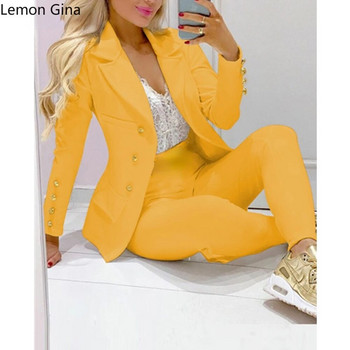 Λεμόνι GinaΓυναικεία Παντελόνια Κοστούμια Solid Single Breasted Blazers Tops + Pencil Pants Δύο Σετ 2 τεμαχίων Office Lady Fashion Outfit Φθινόπωρο