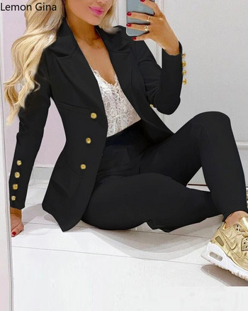 Λεμόνι GinaΓυναικεία Παντελόνια Κοστούμια Solid Single Breasted Blazers Tops + Pencil Pants Δύο Σετ 2 τεμαχίων Office Lady Fashion Outfit Φθινόπωρο