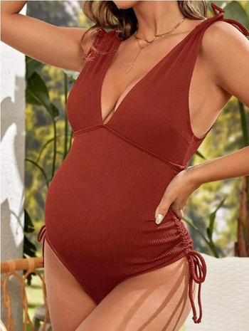 Летен дамски цял бански костюм за бременни, секси бански с V-образно деколте и бандаж за бременни жени, едноцветно плажно облекло Premama