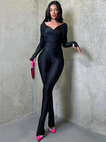 Пролет 2024 Секси горнища с V-образно деколте и дълги ръкави Дълги панталони с висока талия Комплект от две части за жени Елегантен парти костюм за нощен клуб Streetwear