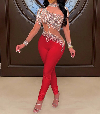 Salopete sexy de club pentru femei, decor cu strasuri, plasă transparentă, cu mâneci lungi, pentru petrecere, ținute de zi de naștere, salopete pentru club de noapte, 2024