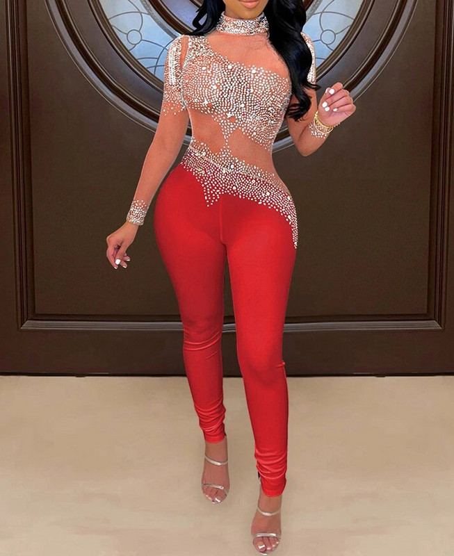 Salopete sexy de club pentru femei, decor cu strasuri, plasă transparentă, cu mâneci lungi, pentru petrecere, ținute de zi de naștere, salopete pentru club de noapte, 2024