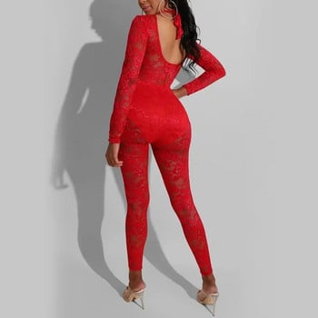 Κόκκινες φλοράλ φόρμες με δαντέλα, γυναικείες ρόμπες 2024 Νέα μόδα, μακρυμάνικο, σέξι εξώπλατο διαφανές φόρεμα γενεθλίων One Piece