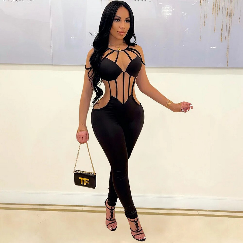 Seksualūs permatomo tinklinio audinio kombinezonai moteriški vintažiniai „O“ kaklo kelnės ilgomis rankovėmis „Peržiūros“ klubo vakarėlio žaismingas kombinezonas.