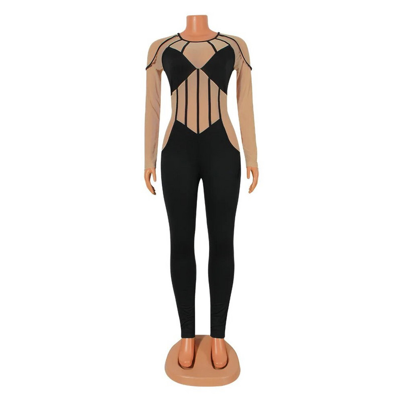 Seksualūs permatomo tinklinio audinio kombinezonai moteriški vintažiniai „O“ kaklo kelnės ilgomis rankovėmis „Peržiūros“ klubo vakarėlio žaismingas kombinezonas.