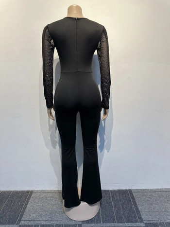 Bodycon Секси гащеризон за жени 2024 Пролетен гащеризон с кръгло деколте и дълъг ръкав, прозрачна мрежеста кръпка, обвивка на кристали, панталони с кльощави панталони