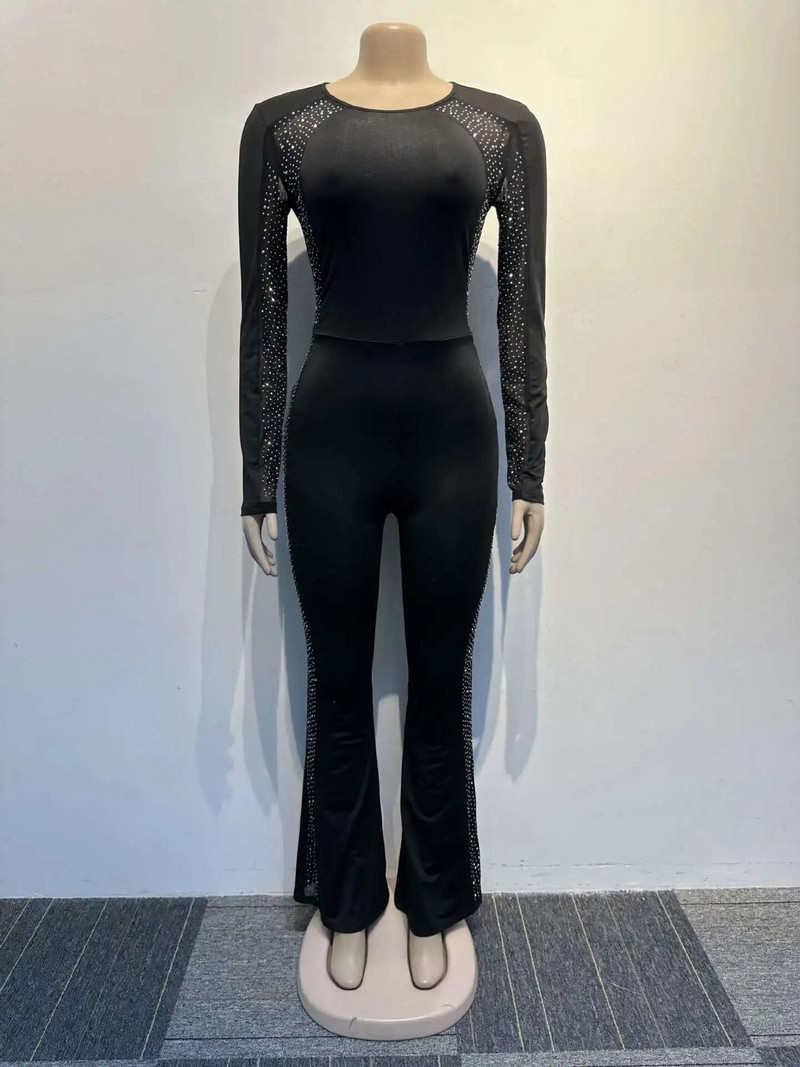 Bodycon Seksi kombinezon za žene proljeće 2024. Proljetni kombinezon s okruglim izrezom i dugim rukavima s prozirnom mrežastom zakrpom i vještim dijamantom, kombinezon s širokim hlačama na bokovima