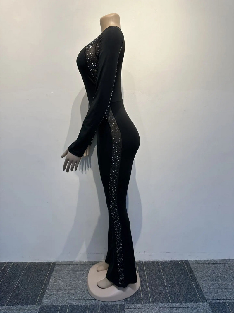Bodycon Seksi kombinezon za žene proljeće 2024. Proljetni kombinezon s okruglim izrezom i dugim rukavima s prozirnom mrežastom zakrpom i vještim dijamantom, kombinezon s širokim hlačama na bokovima