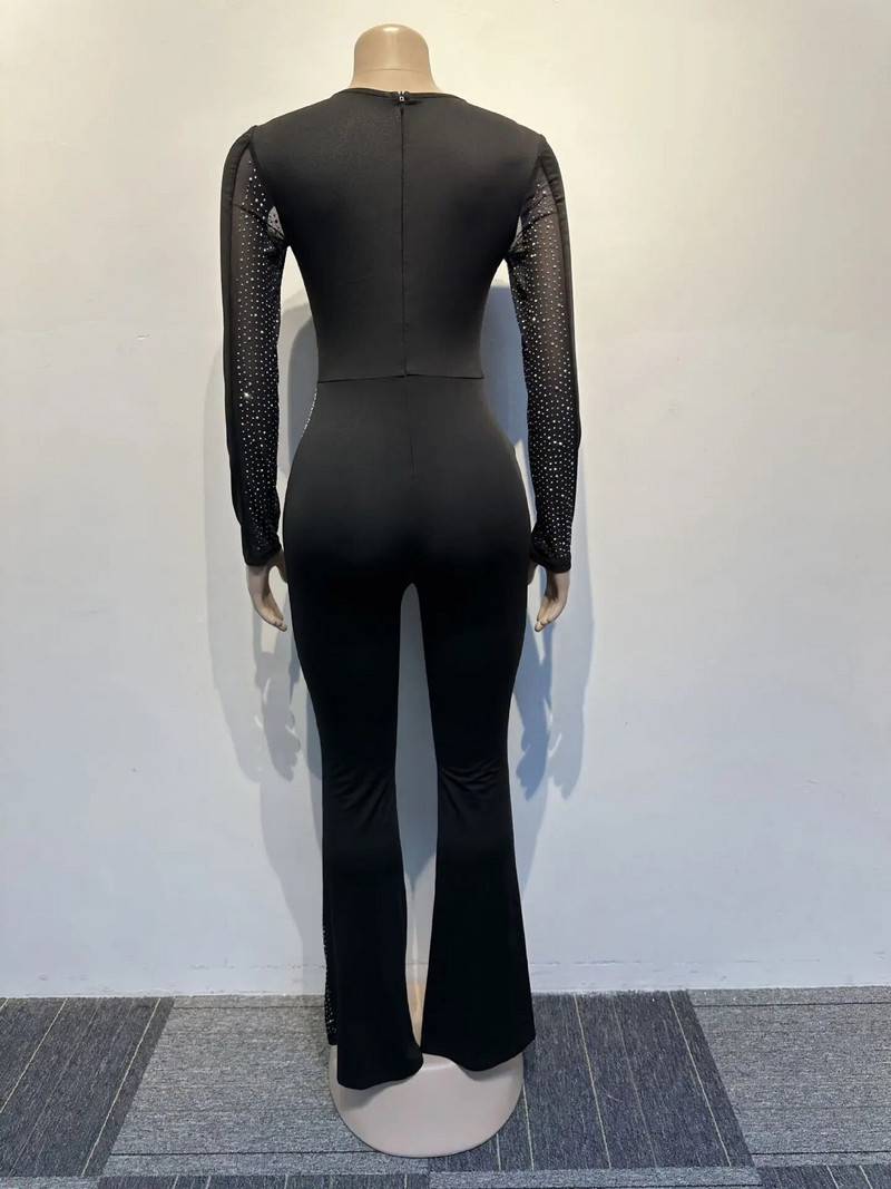 Bodycon Seksi kombinezon za žene proljeće 2024. Proljetni kombinezon s okruglim izrezom i dugim rukavima s prozirnom mrežastom zakrpom i vještim dijamantom, kombinezon s širokim hlačama na bokovima