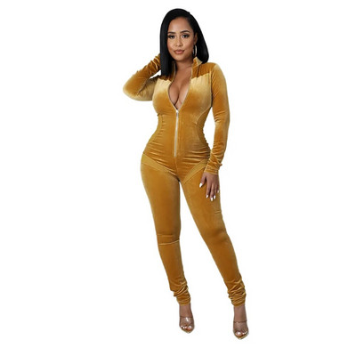 Elegantni baršunasti jednobojni kombinezon od prozirne mreže, seksi ženski kombinezon s patentnim zatvaračem i V izrezom, tajice dugih rukava, bodi, božićni kombinezon