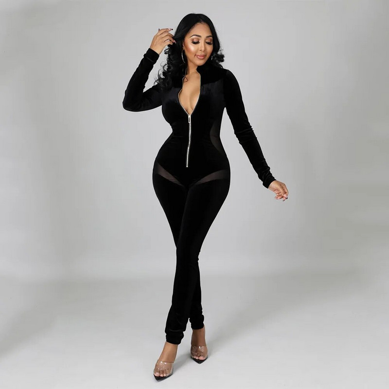 Elegantni baršunasti jednobojni kombinezon od prozirne mreže, seksi ženski kombinezon s patentnim zatvaračem i V izrezom, tajice dugih rukava, bodi, božićni kombinezon