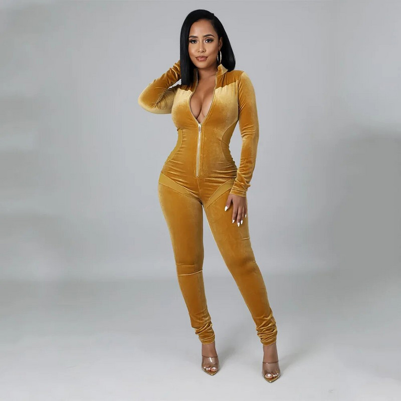 Elegantni baršunasti jednobojni kombinezon od prozirne mreže, seksi ženski kombinezon s patentnim zatvaračem i V izrezom, tajice dugih rukava, bodi, božićni kombinezon