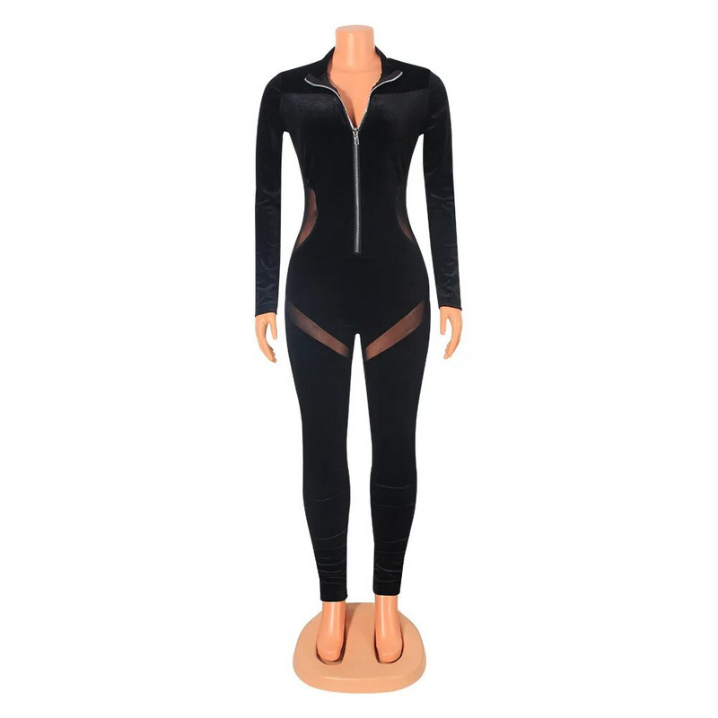 Elegantni baršunasti jednobojni kombinezon od prozirne mreže, seksi ženski kombinezon s patentnim zatvaračem i V izrezom, tajice dugih rukava, bodi, božićni kombinezon