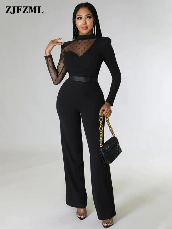 Juodai baltas taškuotas tinklinis moteriškas kombinezonas biuro moteriškas verslo drabužis ilgomis rankovėmis tiesus kombinezonas pavasario rudens bodžiai