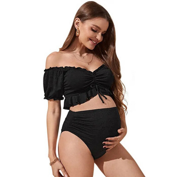Комплект бикини за бременни Връзка отпред с отворени рамена Бански костюм от две части Къпещи се бременни жени Черен бански костюм Летни плажни бански костюми