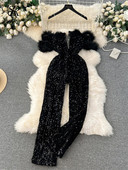 SINGREINY Jesenski, elegantni seksi crni kombinezoni 2023. Europska moda s otvorenim ramenima, patchwork šljokicama, uski, dugi kombinezon