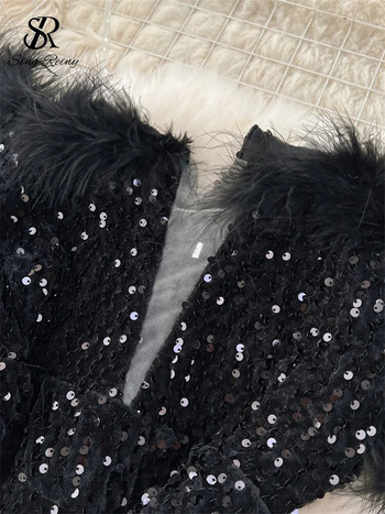 SINGREINY Есенни елегантни секси черни гащеризони 2023 г. Европейска мода с отворени рамене, пера, пачуърк, пайети, Тънък дълъг костюм за игра