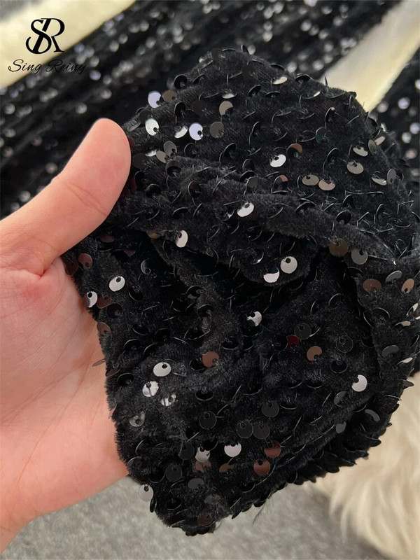 SINGREINY Jesenski, elegantni seksi crni kombinezoni 2023. Europska moda s otvorenim ramenima, patchwork šljokicama, uski, dugi kombinezon