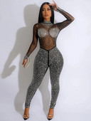 Salopetă sexy din plasă transparentă cu strasuri pentru femei, ținute dintr-o bucată, pentru club de noapte, salopete de petrecere, cu diamante