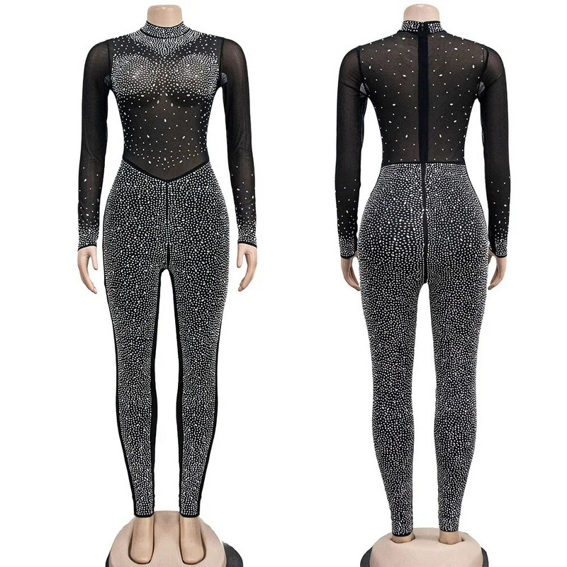 Salopetă sexy din plasă transparentă cu strasuri pentru femei, ținute dintr-o bucată, pentru club de noapte, salopete de petrecere, cu diamante